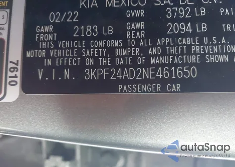2022 Kia Forte Lxs from USA, damaged, VIN 3KPF24AD2NE461650